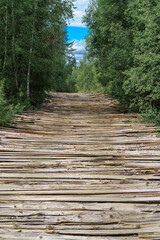 Forest road covered with wooden slats. The road to the logging site.