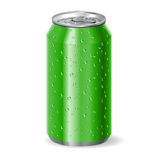 green aluminum drink soda can with water droplets