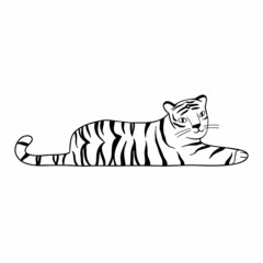 Fototapeta na wymiar doodle tiger lies, hand-drawn. cute chinese tiger drawn with black lines. vector illustration isolated on white background