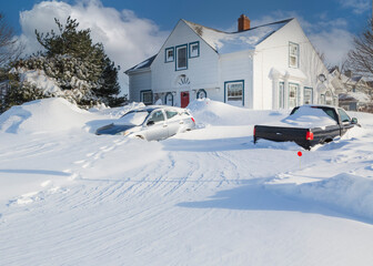 Unplowed driveway of a traditional older home after a blizzard in a North American suburban neighborhood. - 462614337