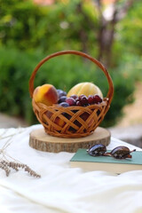Fototapeta na wymiar Vintage basket with various fruit, book, sunglasses and lavender flowers on a picnic basket. Selective focus.