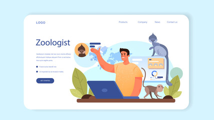 Zoologist web banner or landing page. Scientist exploring and studying fauna