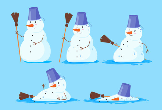 Funny melting steps snowman set vector flat illustration Christmas character disappearing