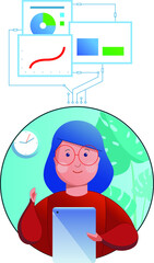 vector illustration of office worker with graphs and laptop