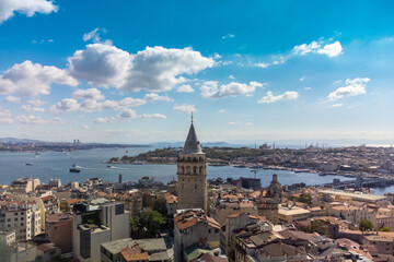 Aerial view on Galata Tower, Istanbul with tourists on it