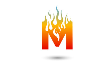 M letter fire logo design in a beautiful red and yellow gradient. Flame icon lettering concept vector illustration.