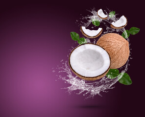 Water splash on coconut with bergamot leaves isolated on purple background