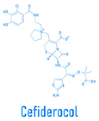 Cefiderocol antibiotic drug molecule (cephalosporin class). Skeletal formula.