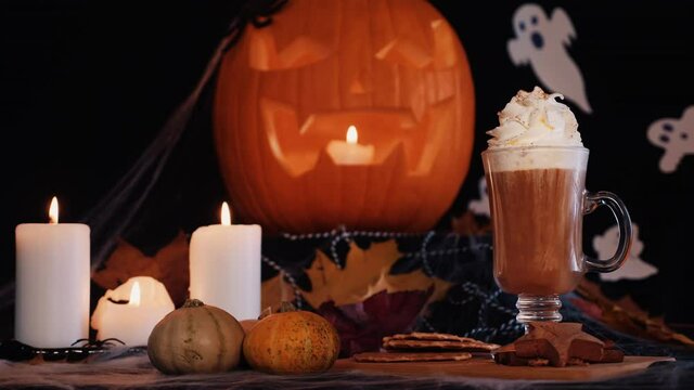 Halloween Latte. Spicy Latte Coffee in Halloween Decorations. Pumpkin, Latte, Halloween, Commercial Content