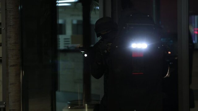 A squad of SWAT team police quickly enter the building.