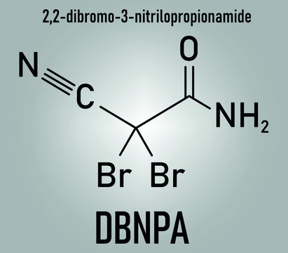 2,2-dibromo-3-nitrilopropionamide (DBNPA) biocide molecule. Skeletal formula.