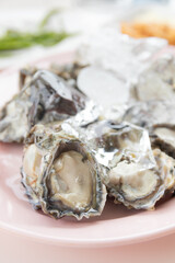 close up of fresh raw oysters with ice