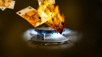 euro geldscheine verbrennen in der Gasflamme, symbolisches Konzept für steigende gaspreise und...