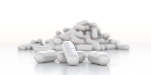 Four white pills and blur pile of capsules tablets on white background. 3d illustration