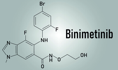 Binimetinib cancer drug molecule (MEK inhibitor). Skeletal formula.