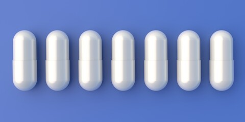White pills capsules tablets in row isolated on blue background. 3d illustration