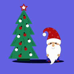 cute santa claus in a red cap with a pumpon and a blue cloak next to a christmas tree