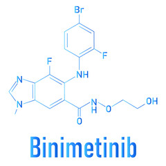 Fototapeta premium Binimetinib cancer drug molecule (MEK inhibitor). Skeletal formula.