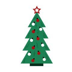 christmas green tree with colorful balls and star on top