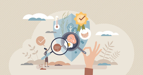 Food safety, infection disease prevention management, flat tiny person concept. Hygiene control and nutrition quality certification process. Catering industry research and introduction guidelines.