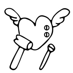 Doodle winged heart chained by nails, a hammer and a large nail near. Vector sketch illustrates the concept of suffering in love relationships, addictions, heartache, toxic relationships.