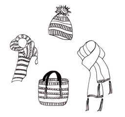 Set of winter clothes and accessories. Black and white illustration, fashion style