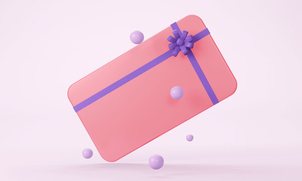 Pink gift card with a purple bow with a decor of circles. 3d rendering
