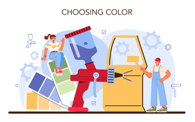 Car service. Mechanic in uniform paint a body of vehicle.