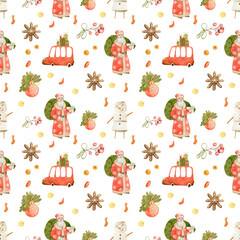 Santa Claus  watercolor illustration Christmas seamless pattern on white background Cute elements new year bus stars toys Christmas background with Santa Claus 