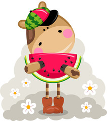 Cute fashion cow holding a slice of watermelon