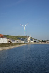 Artificial hill with electric power mill and solar panels, Rheinhafen Karlsruhe, Mühlburg,...