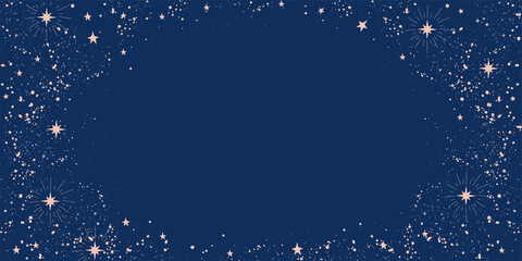 Blue background with stars and place for text. Cosmic blue banner with copy space for astrology, tarot, horoscope. Modern vector wallpaper. - obrazy, fototapety, plakaty