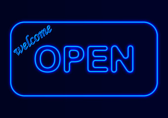 Neon text Style Welcome Open Graphics Design Vector Illustration