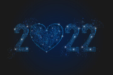 Abstract isolated blue image of new year number 2022 with heart. Polygonal low poly wireframe illustration looks like stars in the blask night sky in spase or flying glass shards. © Katsiaryna