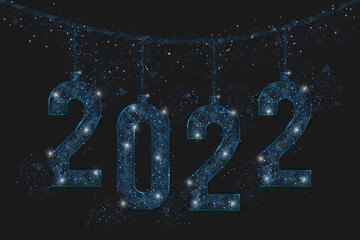 Abstract isolated blue image of new year number 2022. Polygonal low poly wireframe illustration looks like stars in the blask night sky in spase or flying glass shards. Digital web, internet design. © Katsiaryna