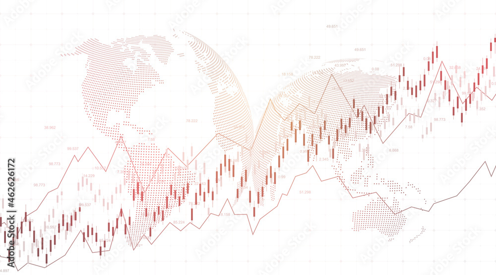 Aufkleber abstract financial chart with uptrend line graph and world map on black and white color background. 