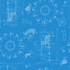 Mechanical engineering drawings on blue background. Cutting tools, milling cutter. Technical Design. Cover. Blueprint. Seamless pattern. Vector illustration.