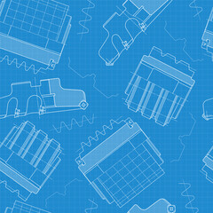 Mechanical engineering drawings on blue background. Cutting tools, milling cutter. Technical Design. Cover. Blueprint. Seamless pattern. Vector illustration.