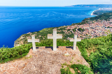 Three crosses on the top of Mount Sant'Elia, Palmi, Italy