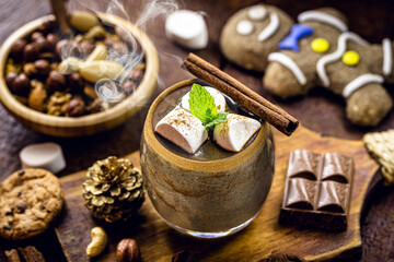 vegan hot chocolate, gluten free, sweetened with cocoa and hazelnuts. Drink made with vegetable milk for Christmas and New Year