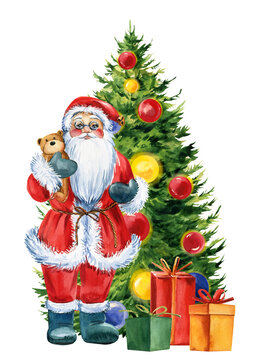 Christmas tree and Santa Claus. Hand painted illustration. Watercolor drawing. holiday poster