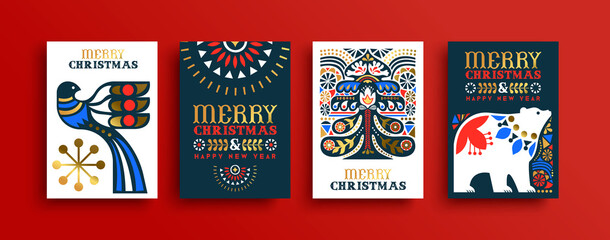 Christmas New Year gold folk art retro card set - obrazy, fototapety, plakaty