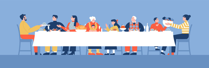 Family people cartoon eating dinner table together