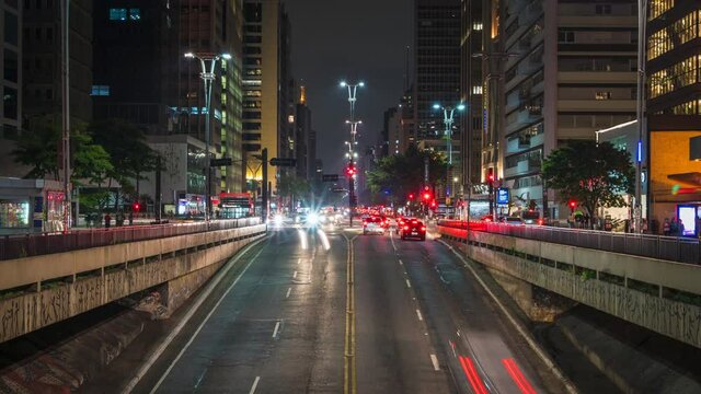 Time lapse view of night traffic on Paulista Avenue (Portuguese: Avenida Paulista) in Sao Paulo, the business and financial capital of Brazil, and largest city in South America. 