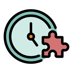 Clock and puzzle icon. Outline clock and puzzle vector icon color flat isolated