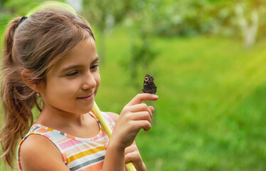 The child catches butterflies in nature. Selective focus. ,