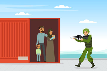 Man as Military Special Force in Uniform and Rifle Aiming in the Enemy Protecting Refugee Vector Illustration
