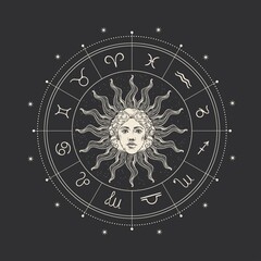 Magic drawing with the face of the sun, stars and the zodiac circle. Zodiac signs.