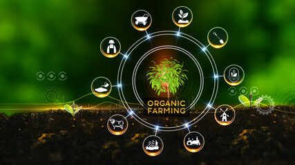 Organic Farming Concept.
Green environment with Center and spoke Concept ,Plant on center and rotating Icons