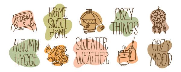 Set of hand-drawn autumn hygge mood vector icons in doodle style and lettering. Cozy cute cartoon elements collection and motivational phrases isolated on white background for seasonal decoration.